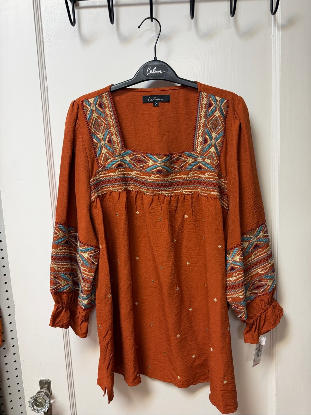 NWT Calessa Rust Embroidered Square-Neck Peasant Dress